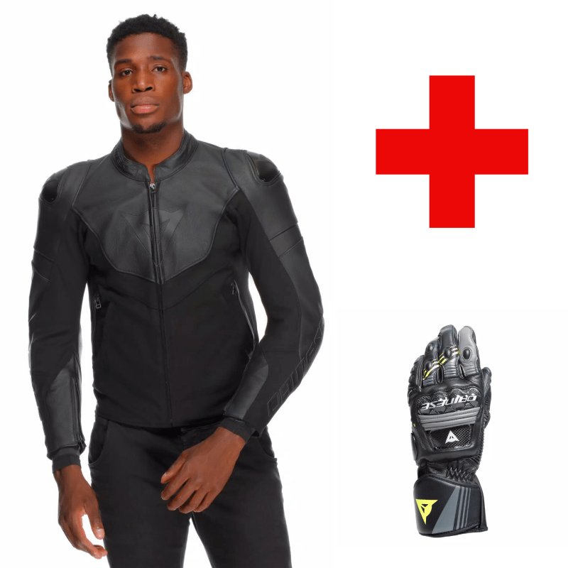 1 + 1 COMBO DAINESE IPERATTIVA NERA + GUANTO DRUID FLUO,Giacca Pelle Dainese